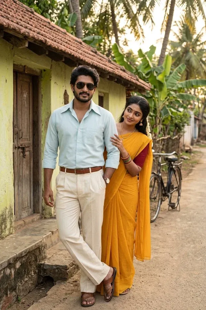 Vintage South Indian husband and wife Gemini prompt