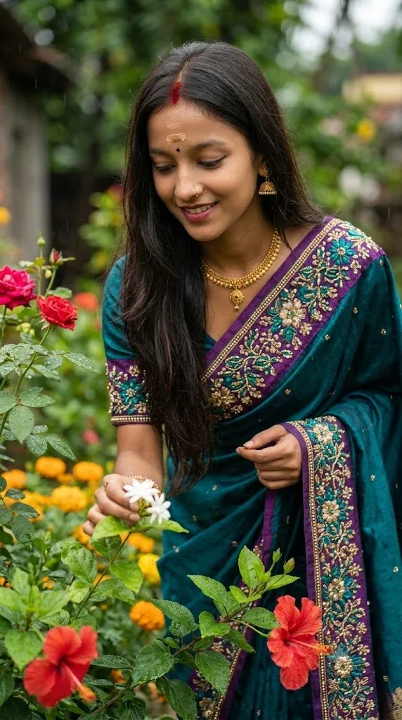Google Gemini AI photo editing prompt for luxury saree garden portrait