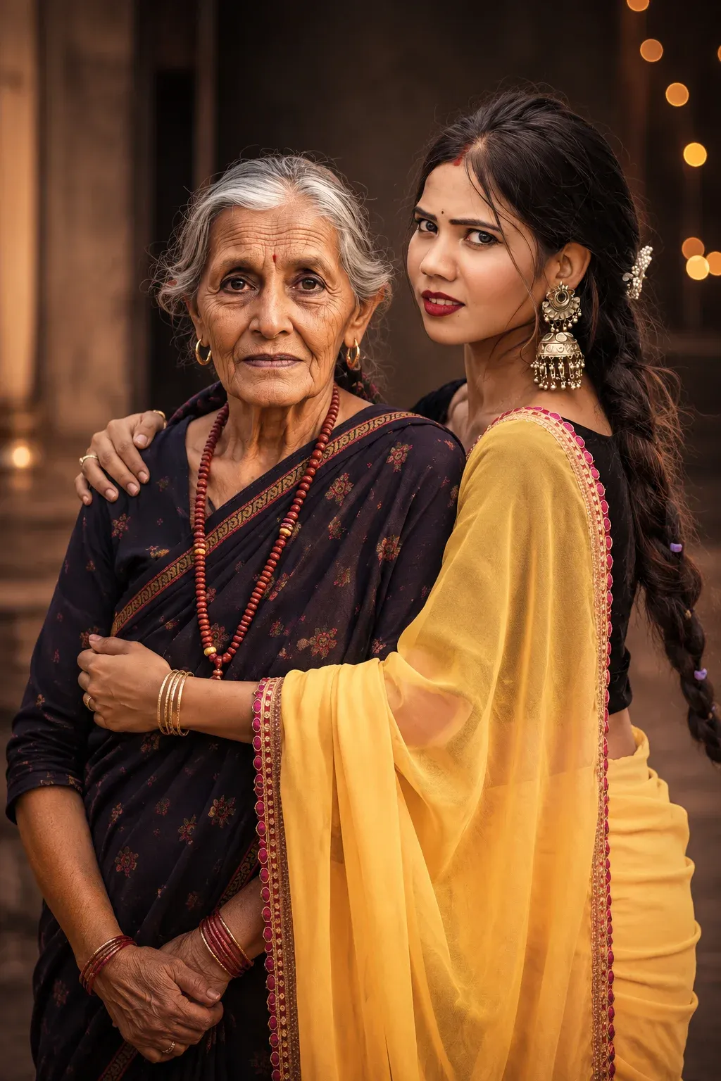 Traditional saree mother and daughter AI photo prompt