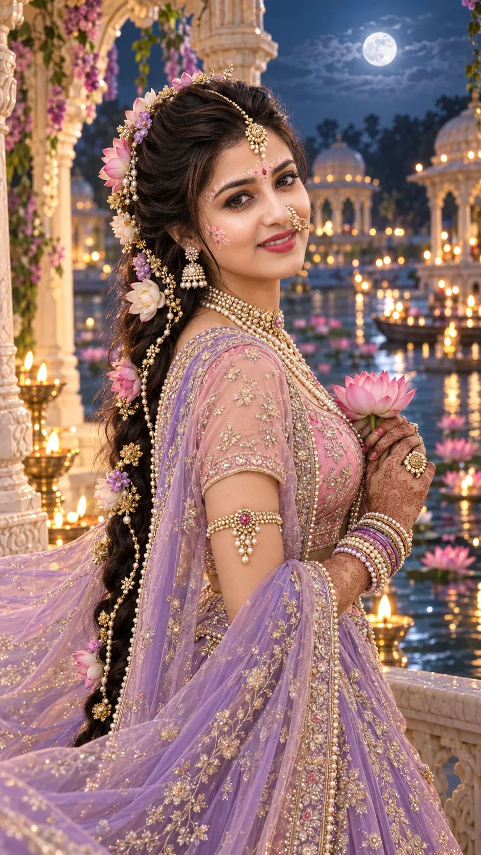 Lavender moonlit lotus Radha Rani AI prompt