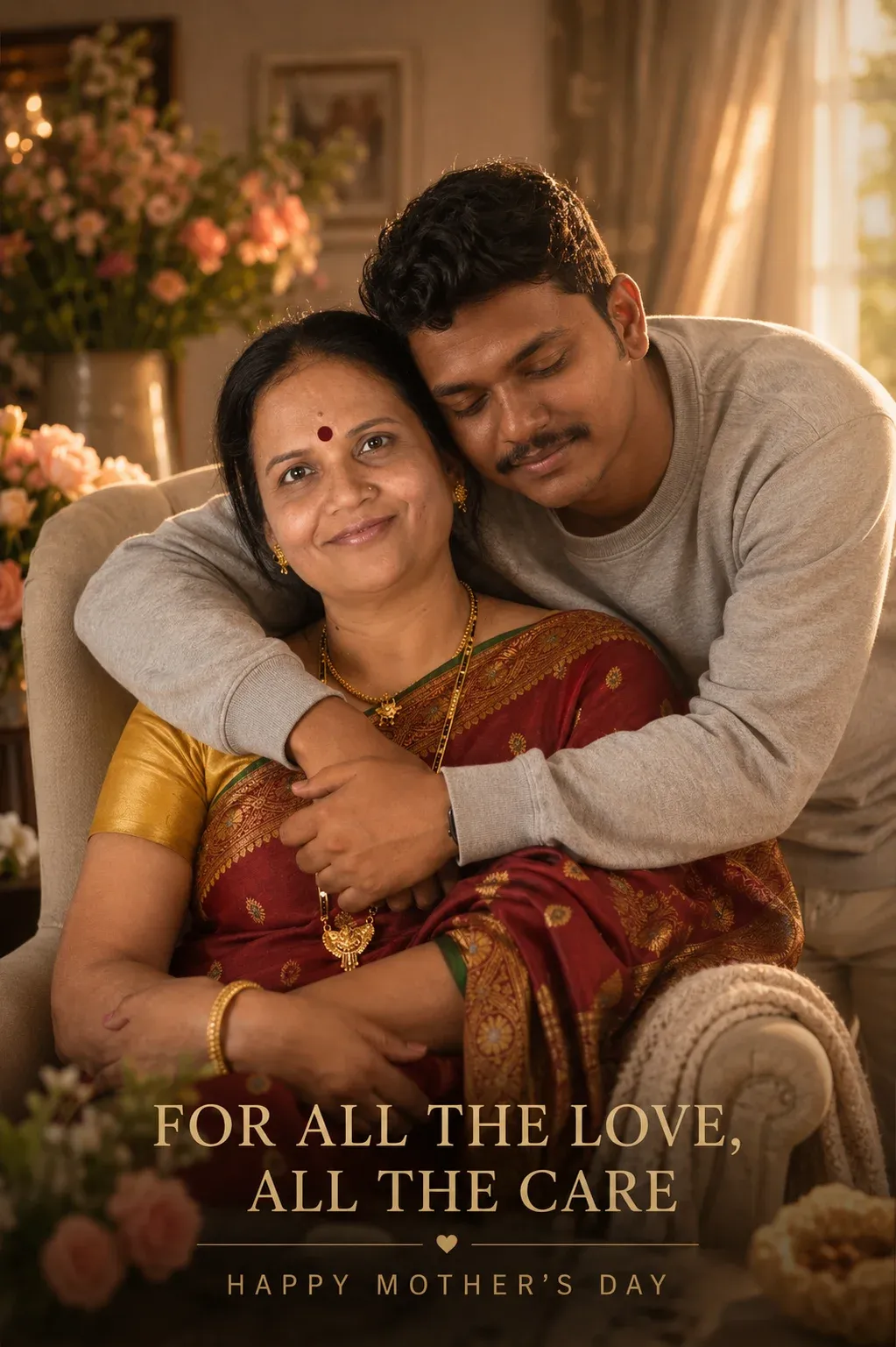 Golden hour mother son hug ChatGPT prompt