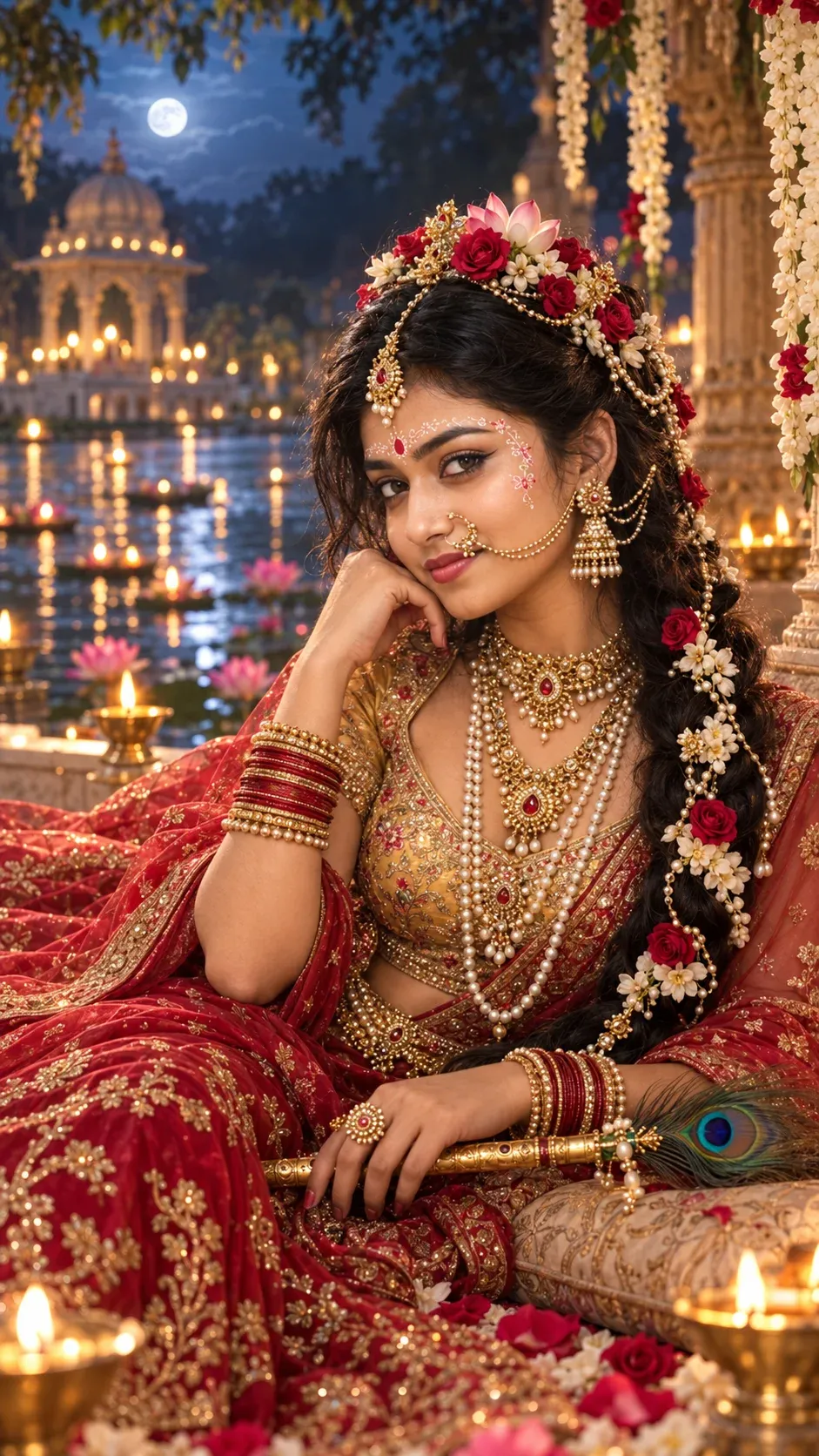 Crimson red riverside Radha Rani prompt