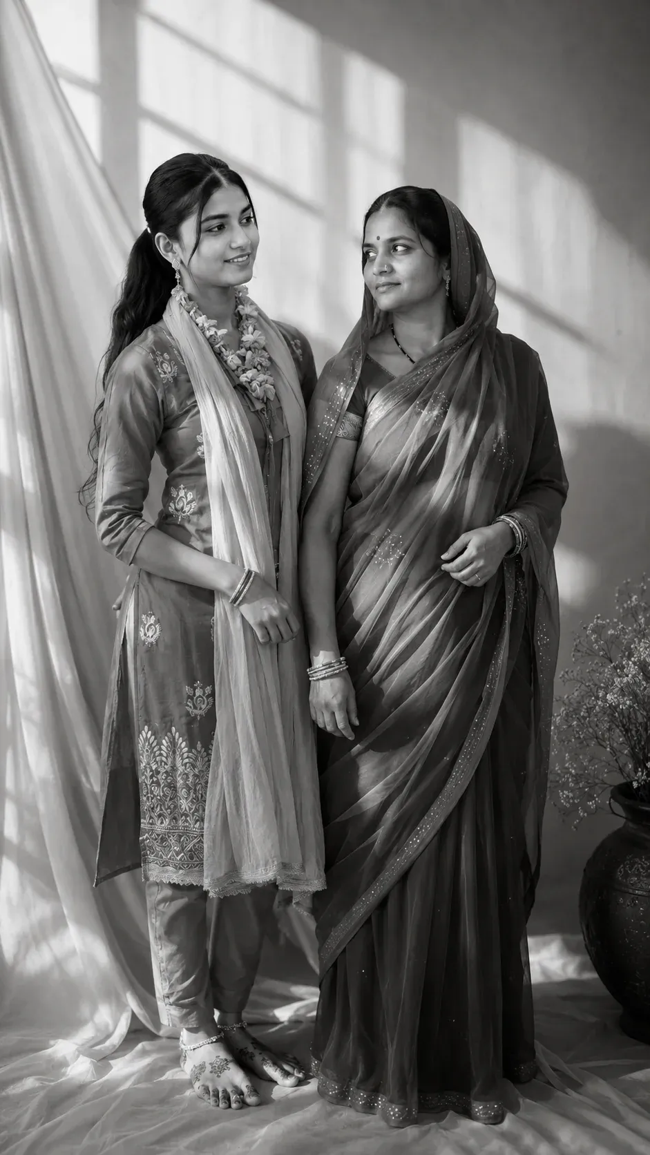 Indian mother and daughter monochrome AI photo prompt