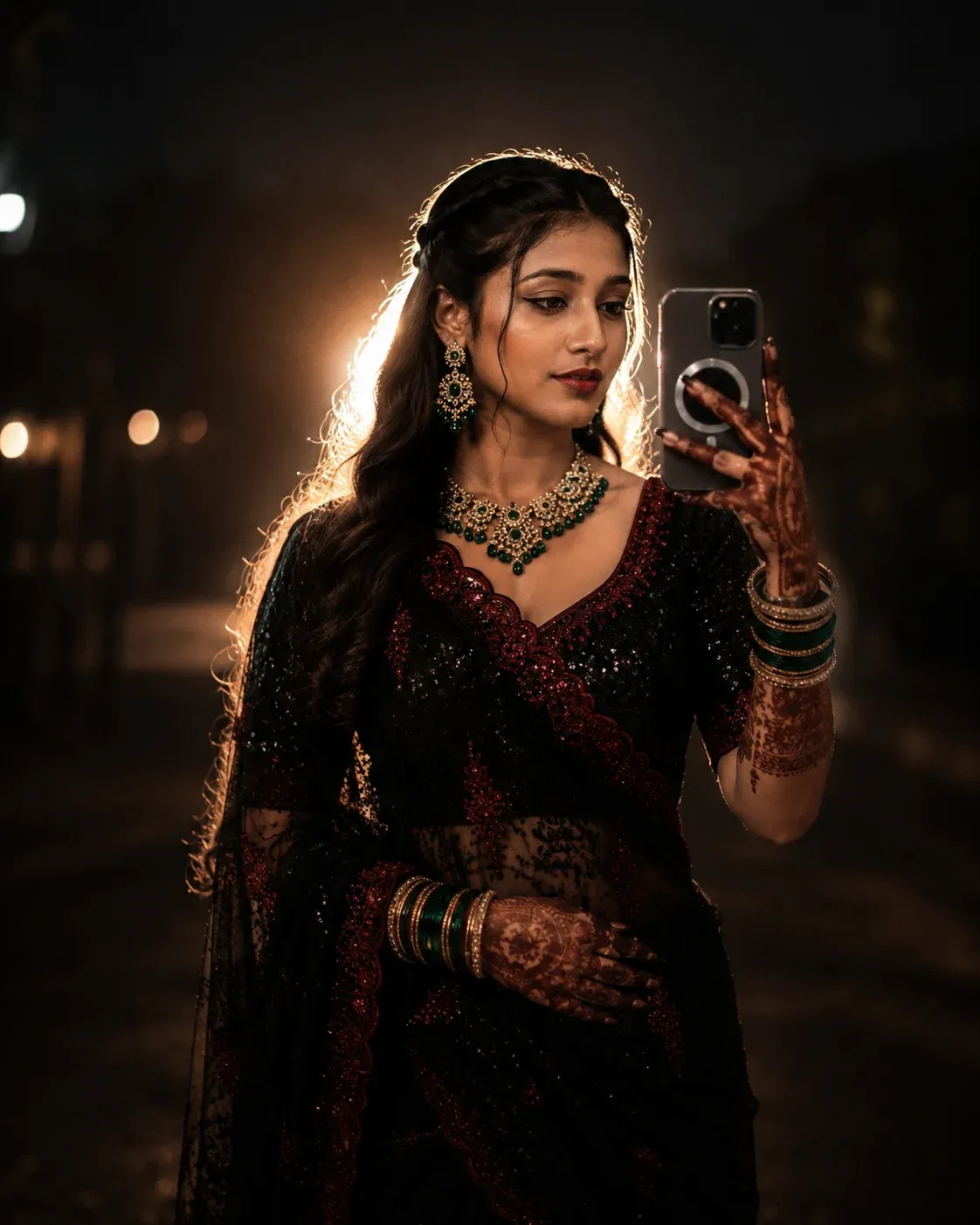 Royal night mirror selfie in a black saree