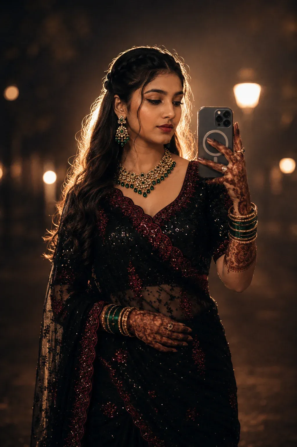 Elegant saree selfie with traditional jewelry
