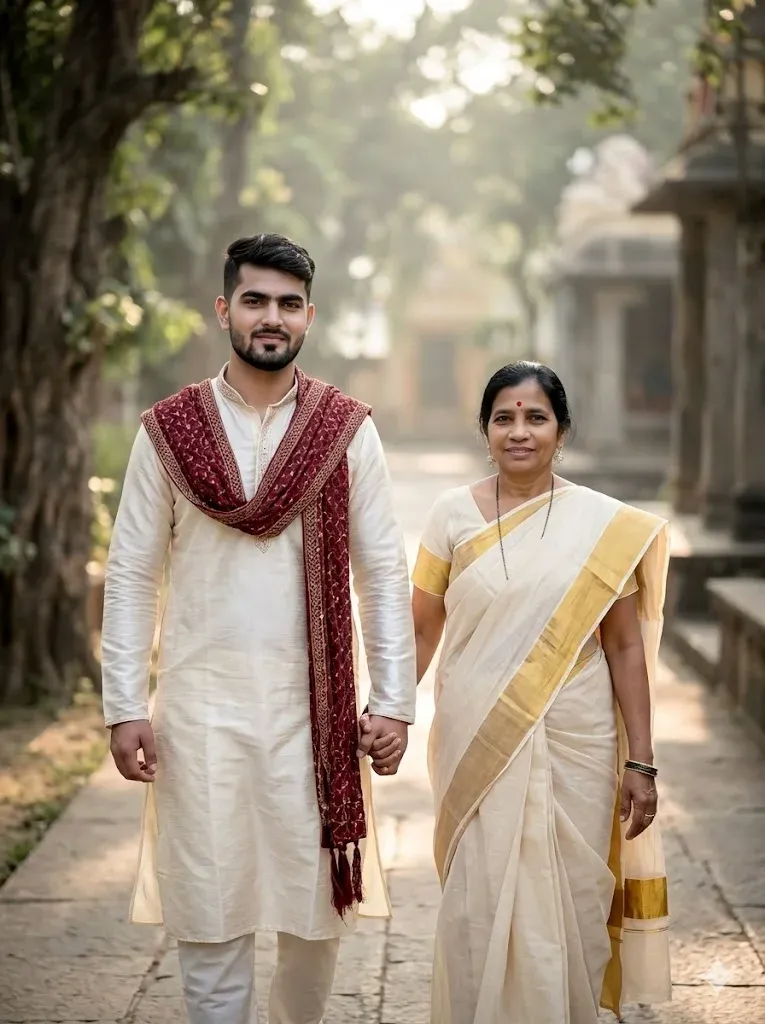 Indian mother and son temple garden Gemini AI prompt