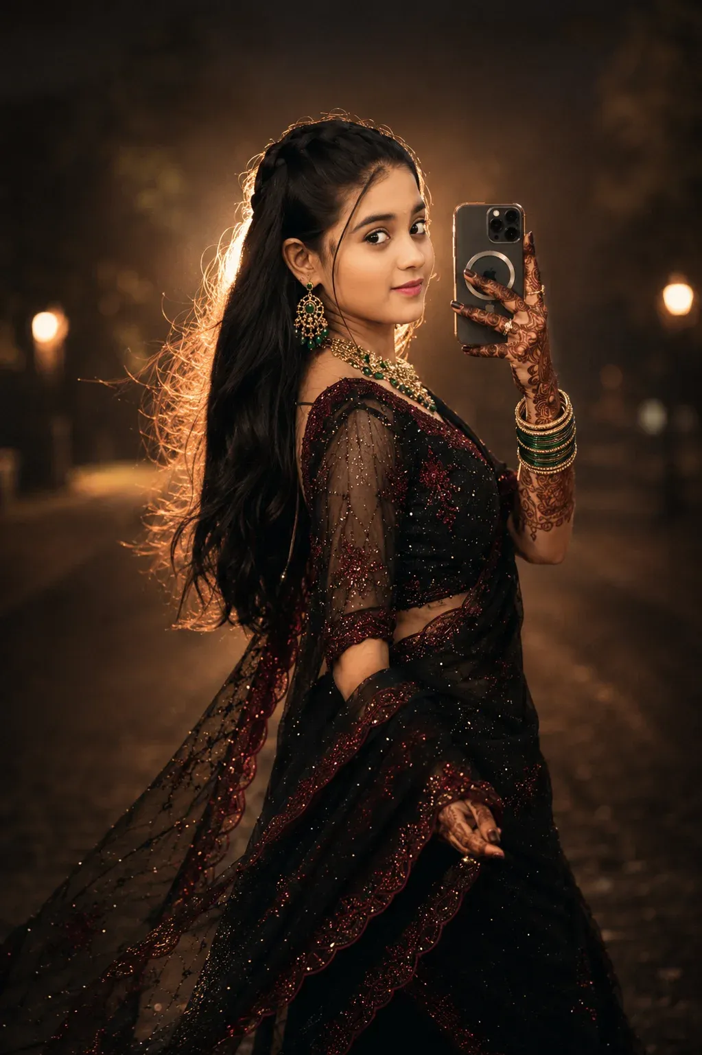 Cinematic side-glance saree portrait