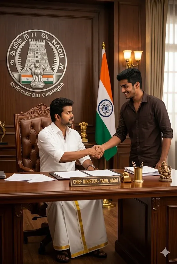 Vijay fictional handshake AI photo prompt