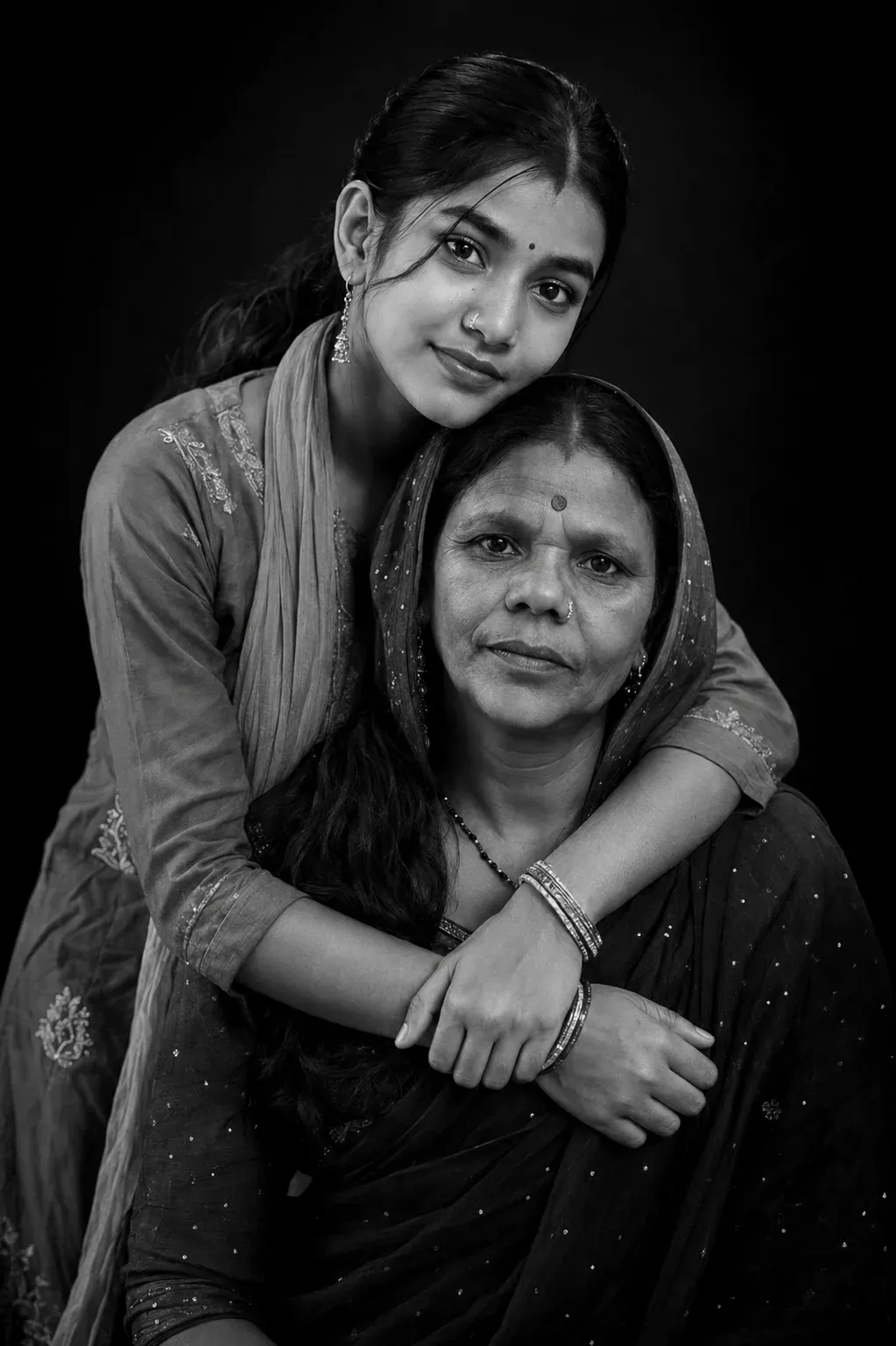 Cinematic black and white mother daughter hug prompt