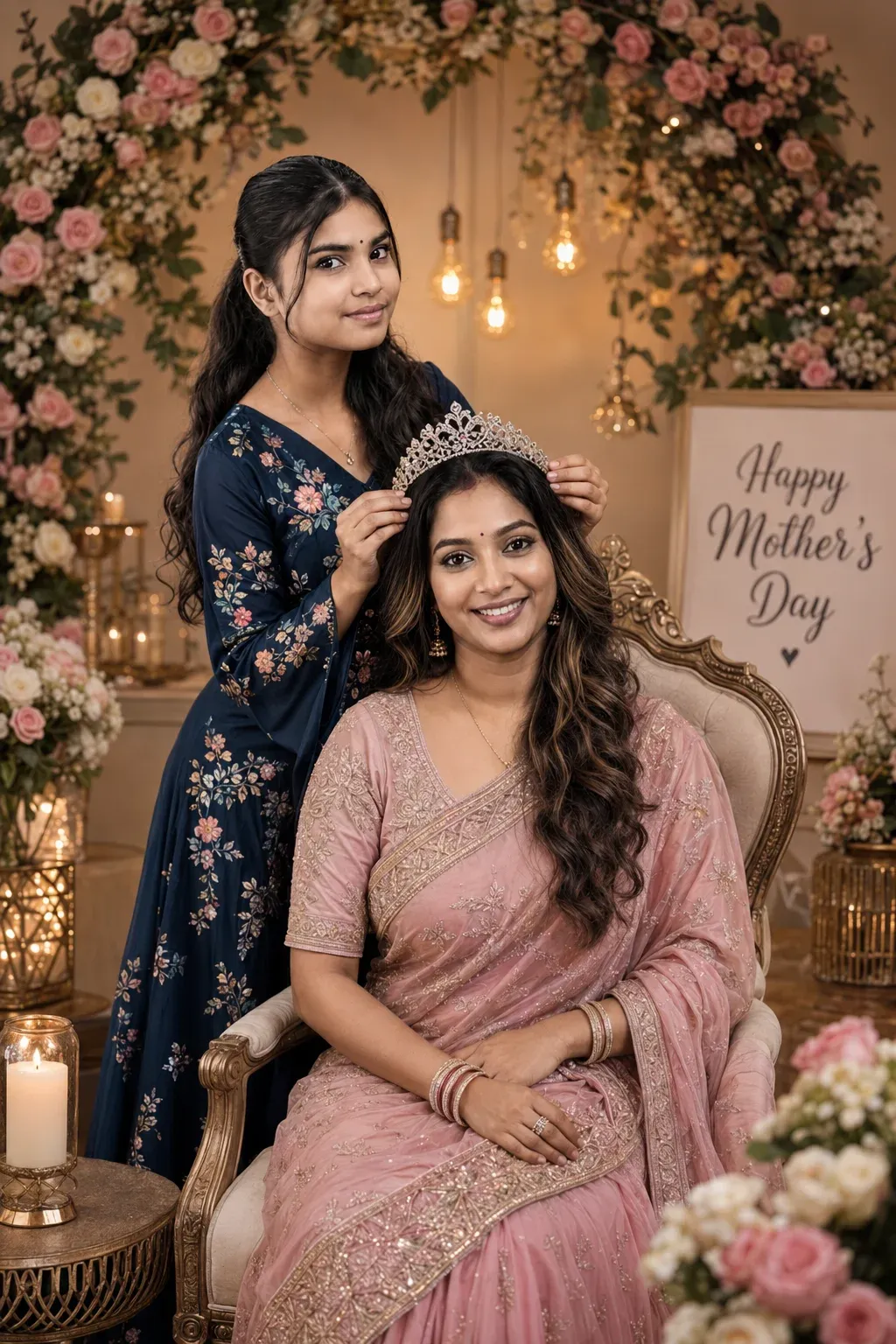 Indian mother daughter crown ceremony AI prompt