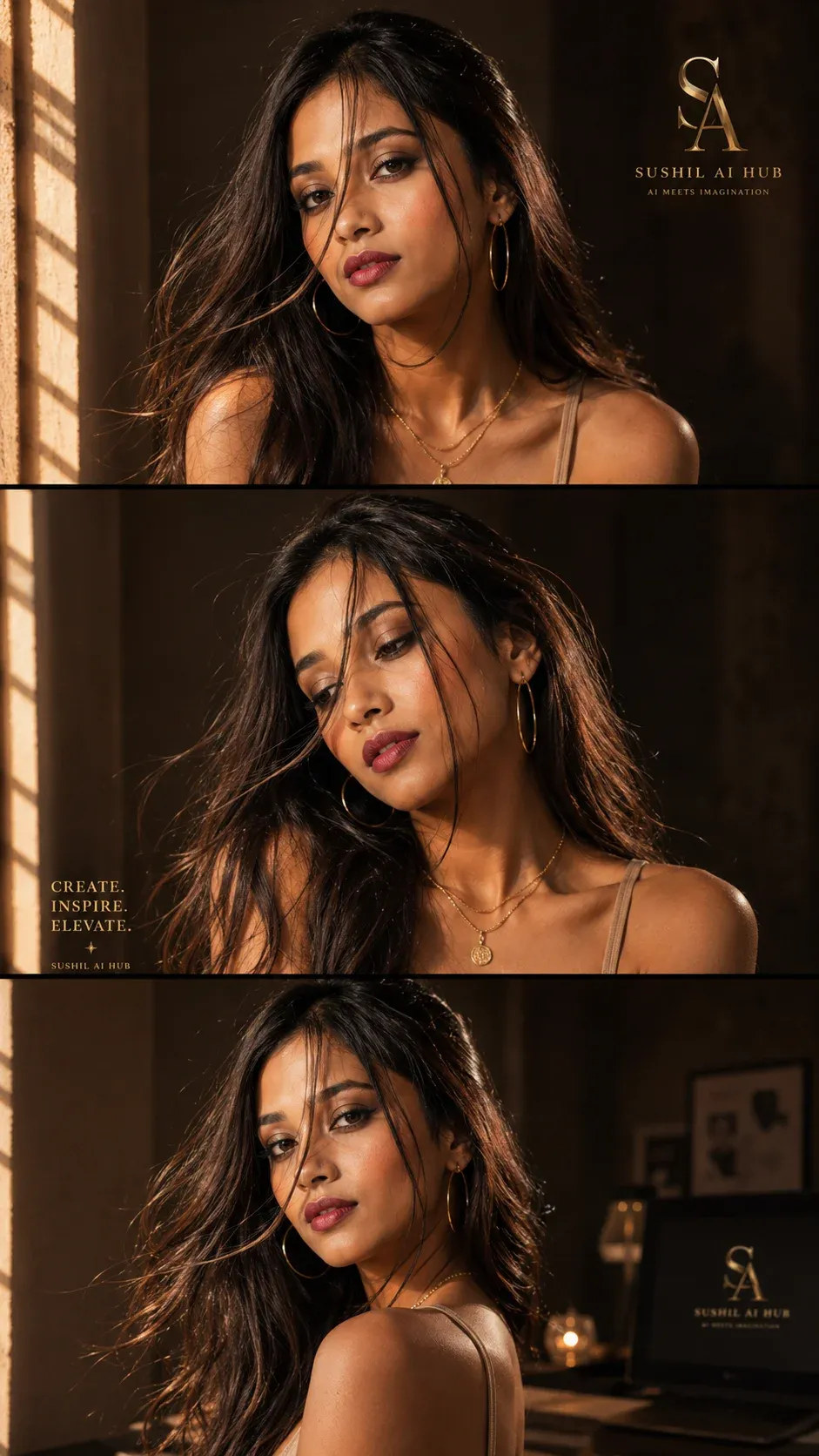 Golden sunlight three-panel editorial portrait prompt