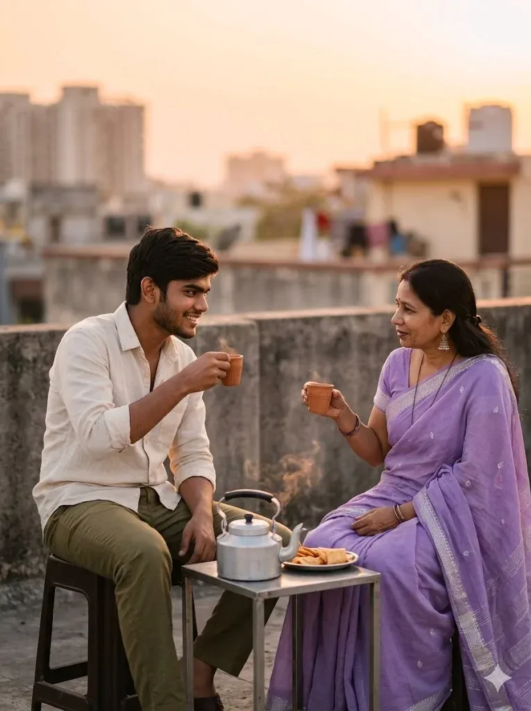 Rooftop sunset mother and son Gemini AI prompt