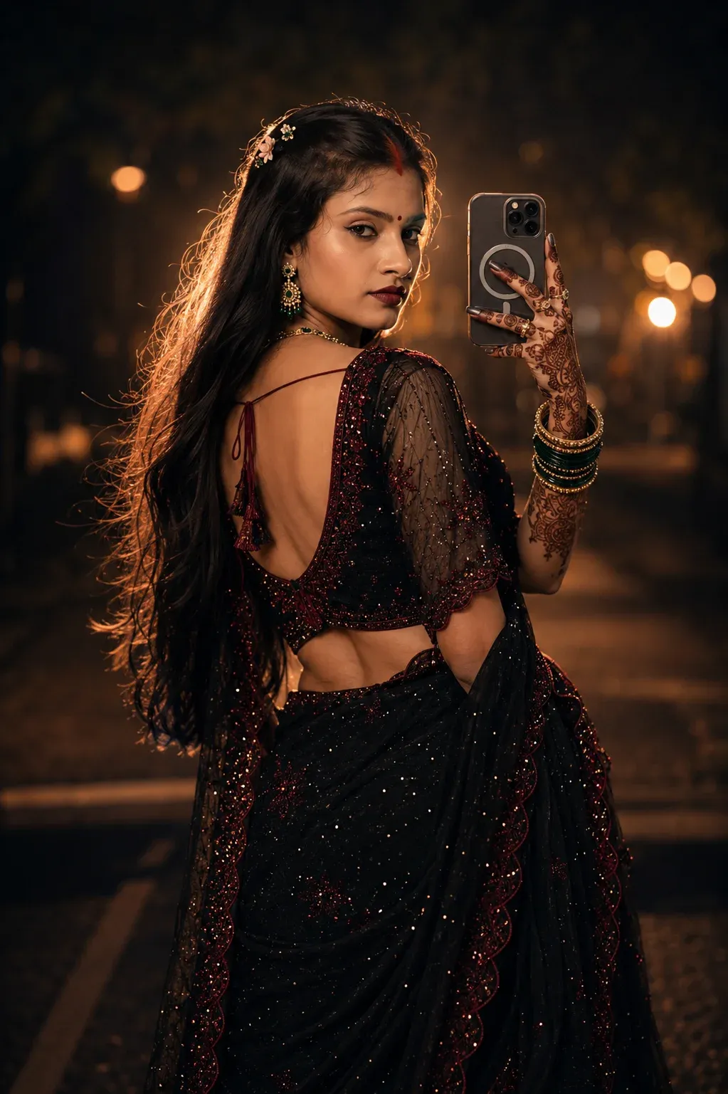 Over-shoulder cinematic portrait in a dark saree