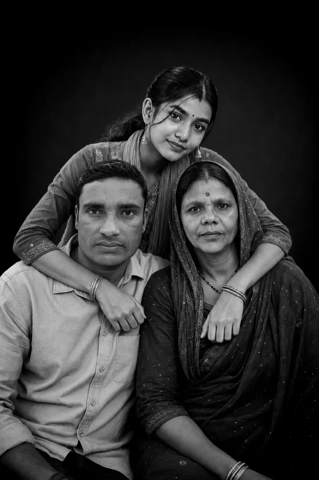 Father mother and daughter family portrait AI prompt