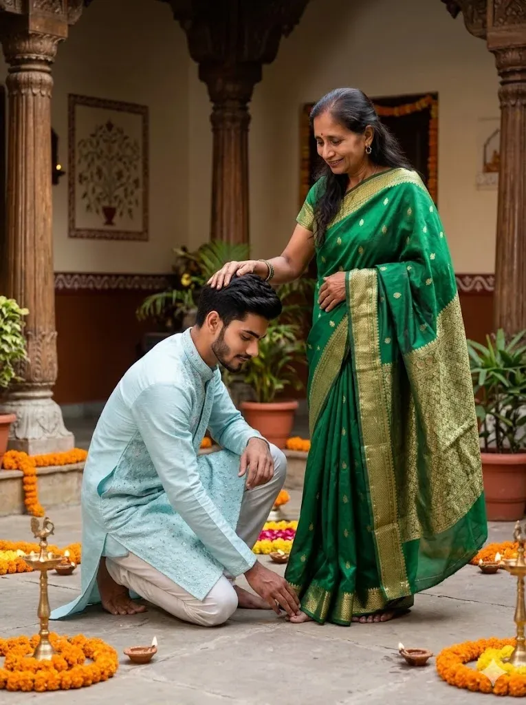 Traditional Indian mother and son Gemini AI prompt