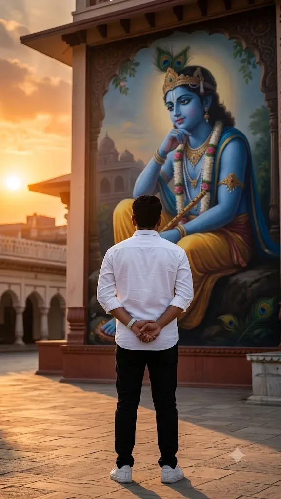 Google Gemini AI photo editing prompt for Krishna temple golden hour scene