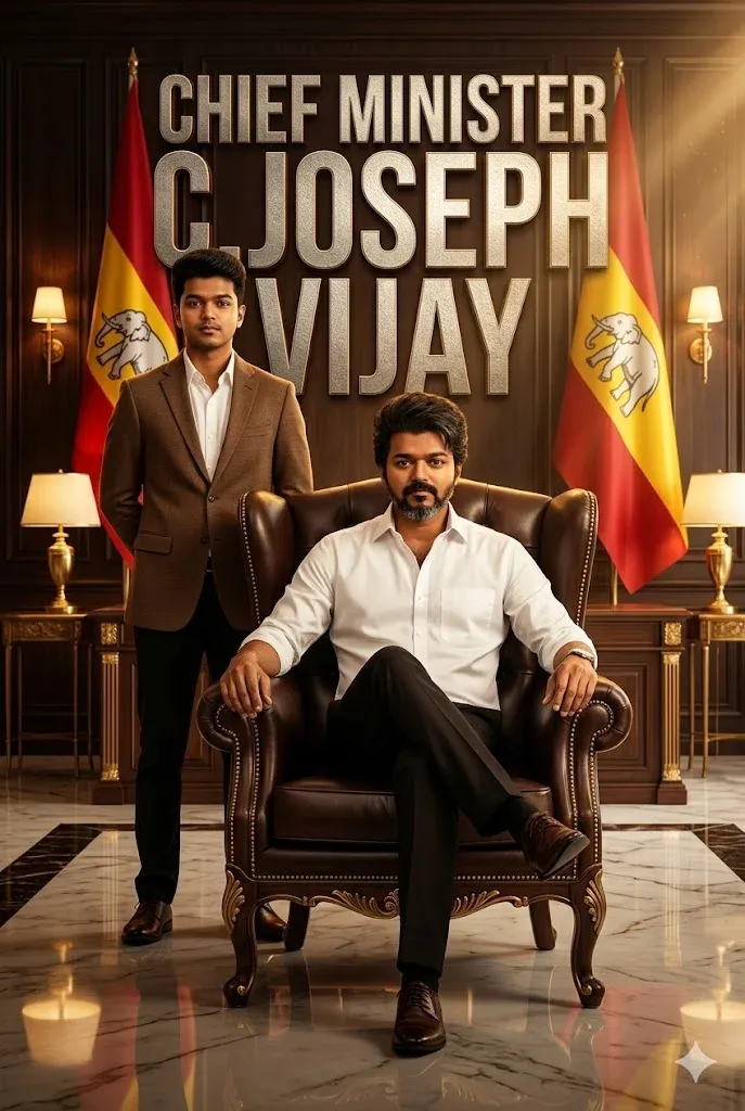 Vijay TVK fictional cinematic political-style AI poster