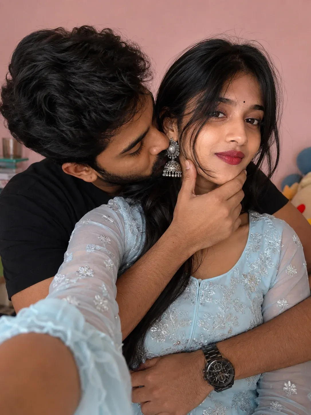 Romantic couple embrace Instagram prompt