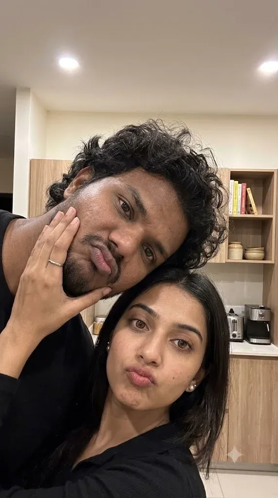 Cozy indoor couple selfie Gemini prompt