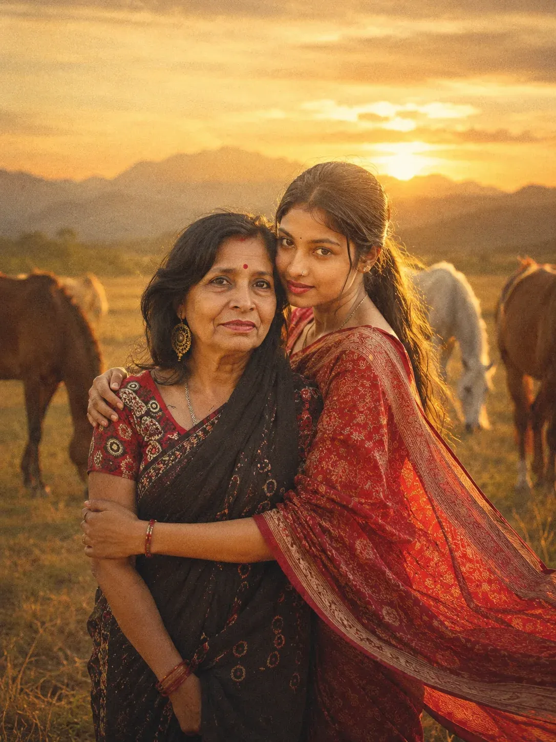 Retro vintage mother and daughter field photo prompt