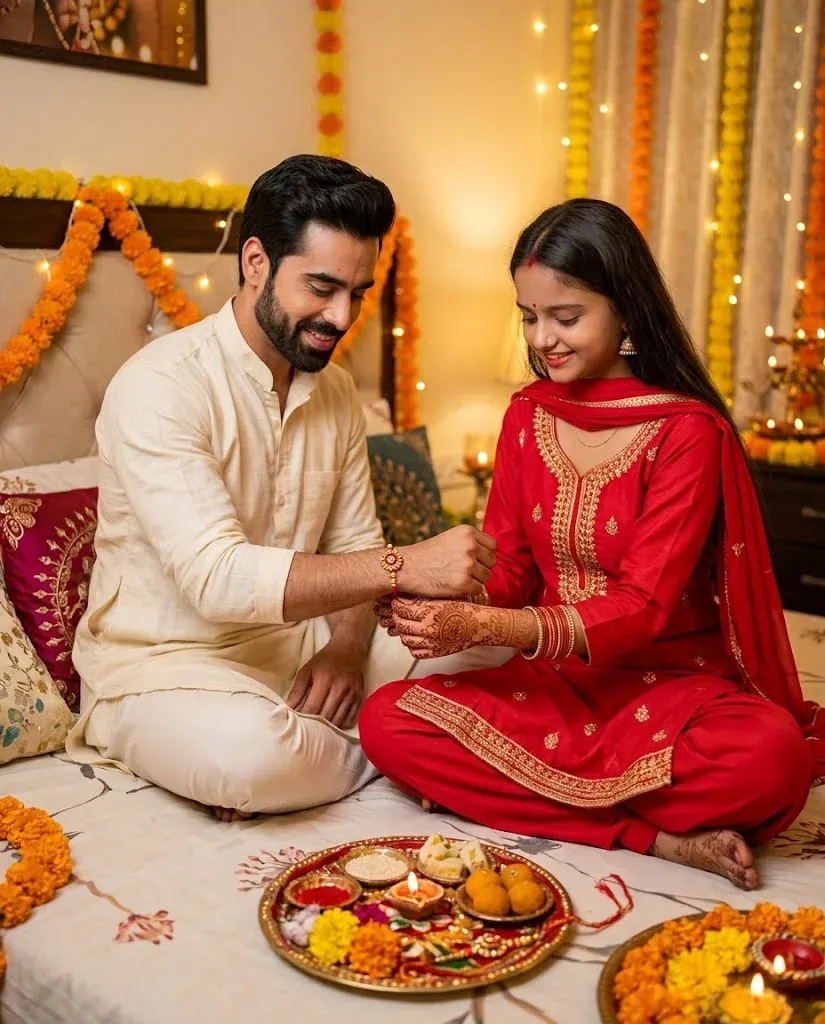 Cozy home Raksha Bandhan brother sister AI prompt