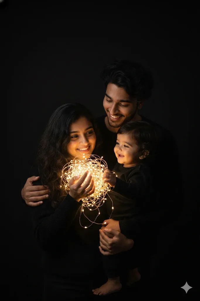 Moody fairy light family photo prompt