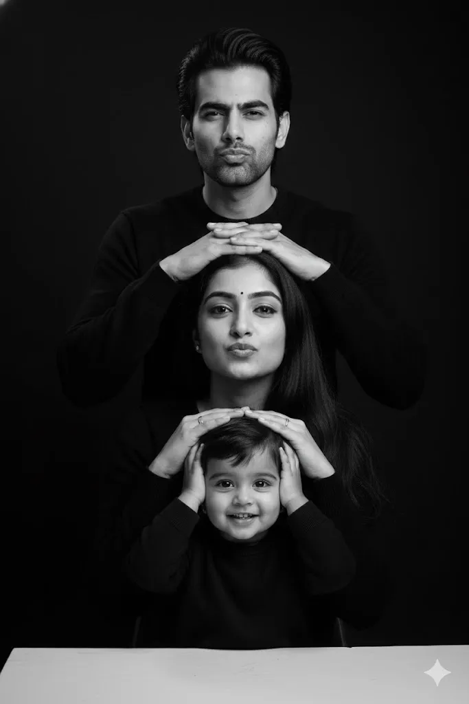 Playful black and white cute family photo prompt