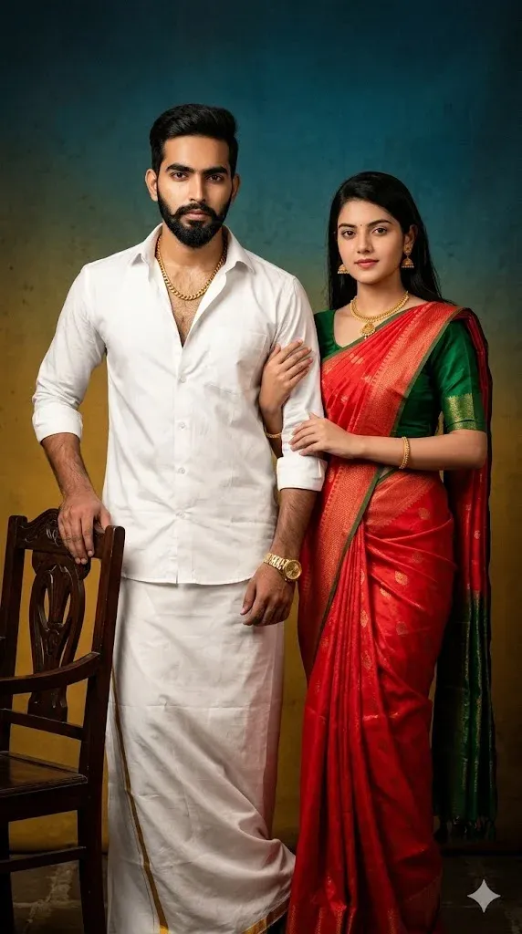 Thevar Magan high fashion couple pose prompt