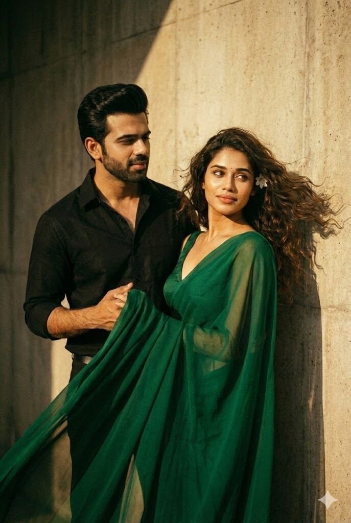 Emerald green saree Gemini AI retro couple prompt