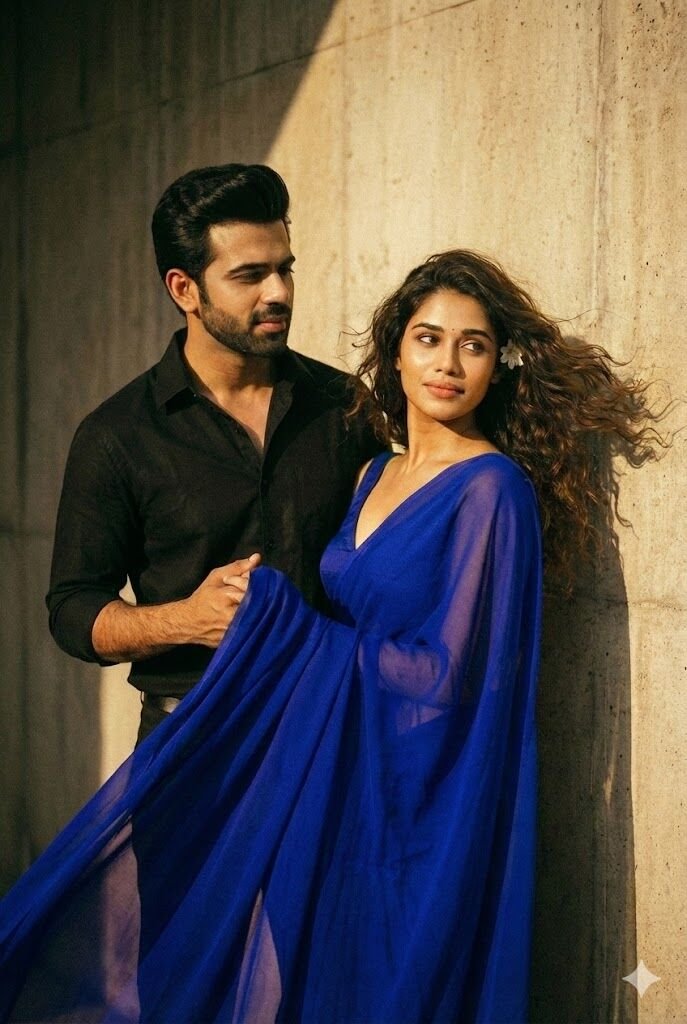 Royal blue Gemini AI retro couple photo prompt