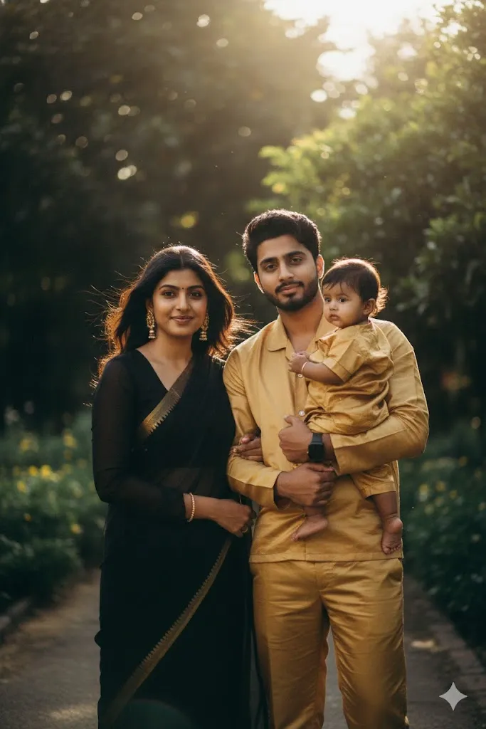 Gemini family of three garden portrait prompt