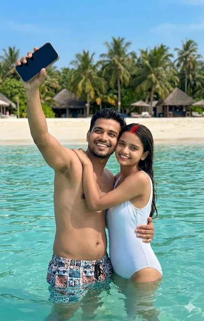 Beach selfie husband and wife Gemini prompt