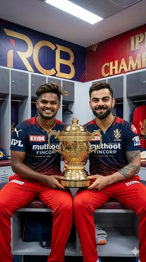 RCB trophy celebration in a locker room